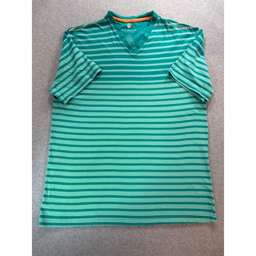 Rocawear Classic Mens Large V-Neck Striped T-Shirt Teal Green Cotton
